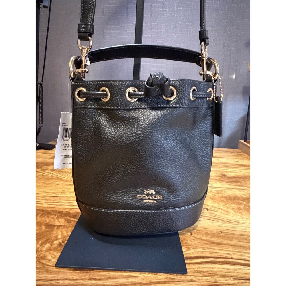 Coach Dempsey Drawstring Bucket Bag Black Pebbled Leather Crossbody NEW